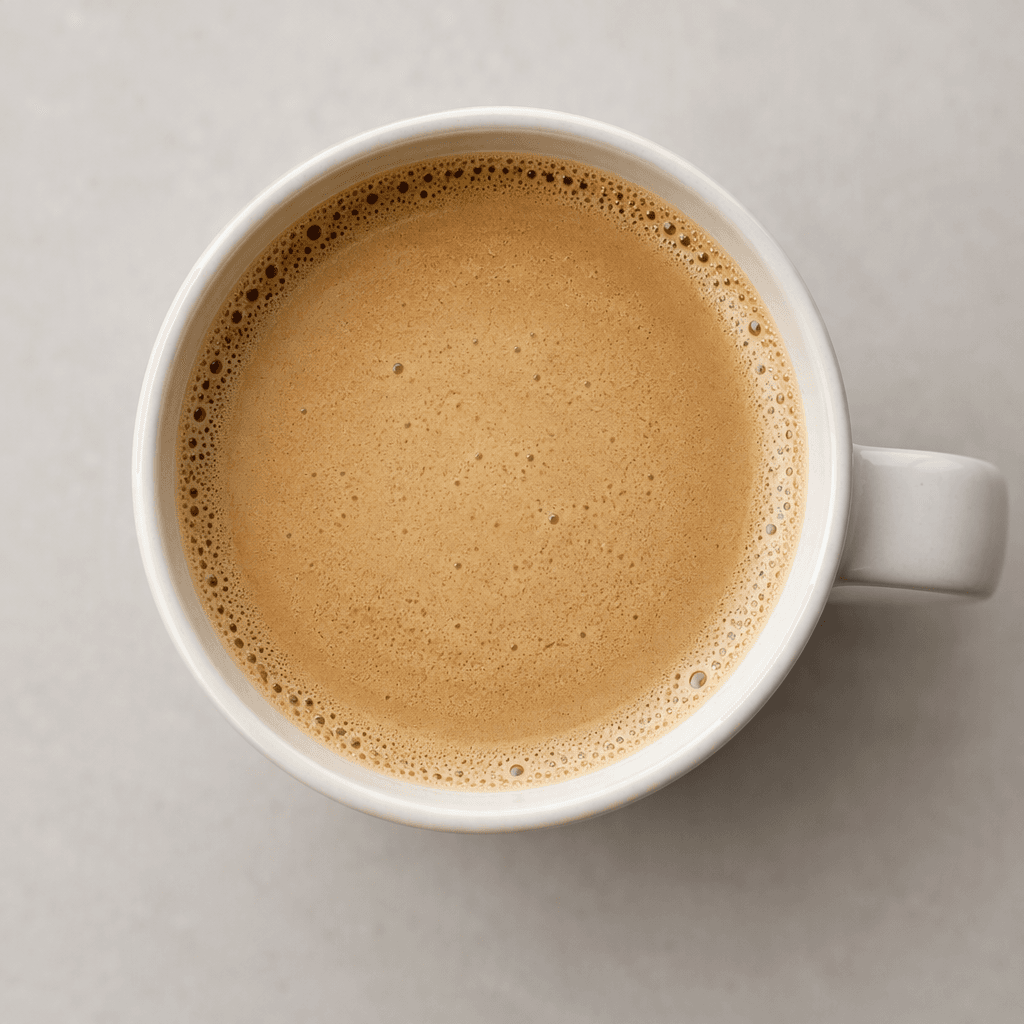 A cup of light tan instant coffee with a smooth, creamy surface and a thin layer of fine bubbles.