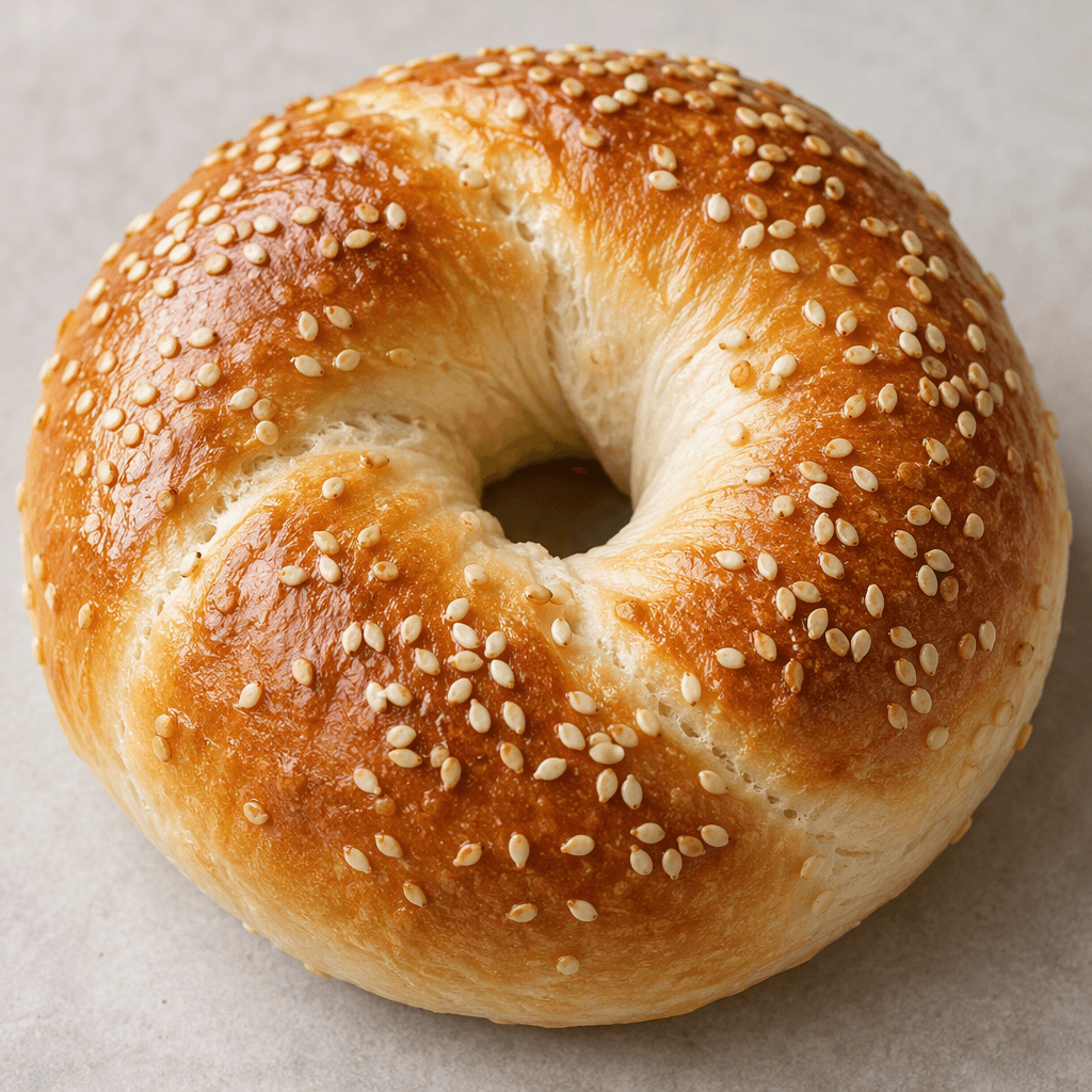 A soft, round bread roll shaped into a loop, with a smooth, lightly glossy golden-brown crust and a fluffy pale interior, sometimes sprinkled with sesame seeds.
