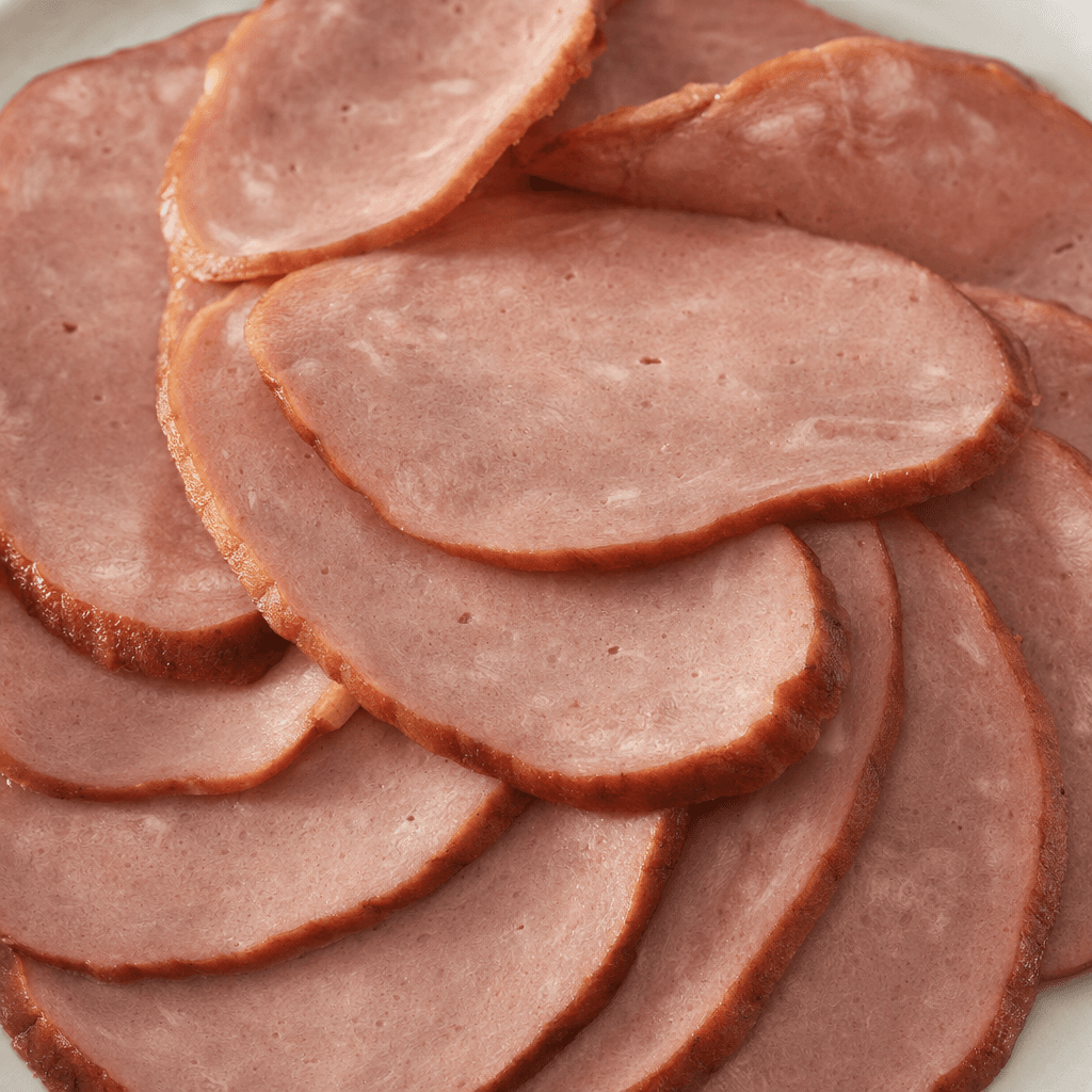 Thin, overlapping slices of smoked processed meat, oval with softly irregular edges, showing a muted pink-brown interior and slightly darker outer rims.