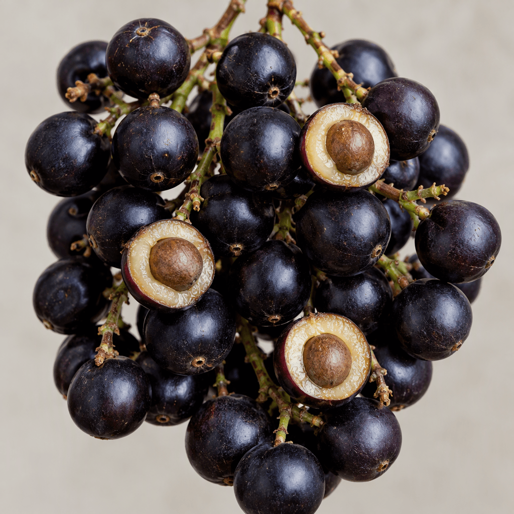 Small, round acai berries with smooth deep purple-to-black skins hang in dense clusters from thin branching stems, with a few berries cut open to reveal pale yellow flesh surrounding a large hard seed.