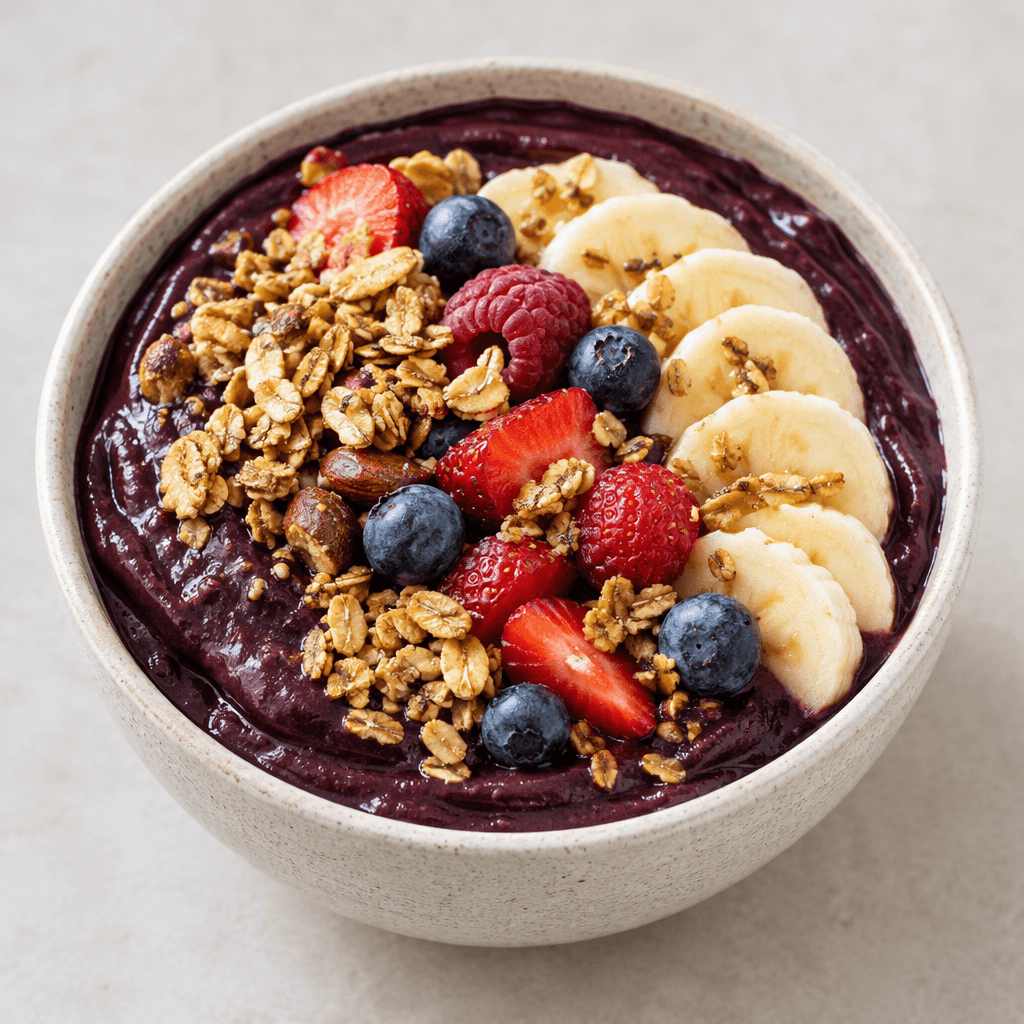 A shallow bowl holds a thick, glossy deep-purple açai purée topped with golden granola, pale banana slices, and red and blue berries.