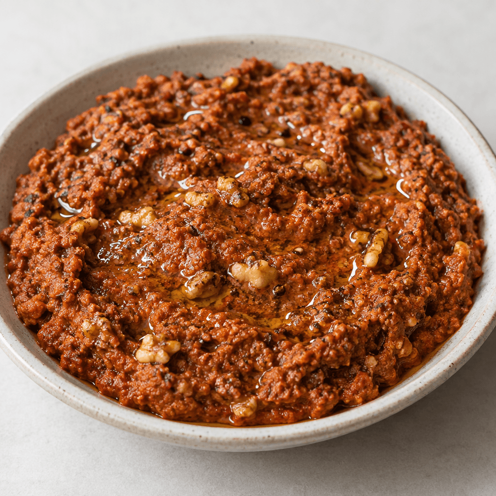 A thick, coarse rust-red spread with visible walnut pieces and dark spice flecks, served in a shallow dish with a glossy layer of oil on the surface.
