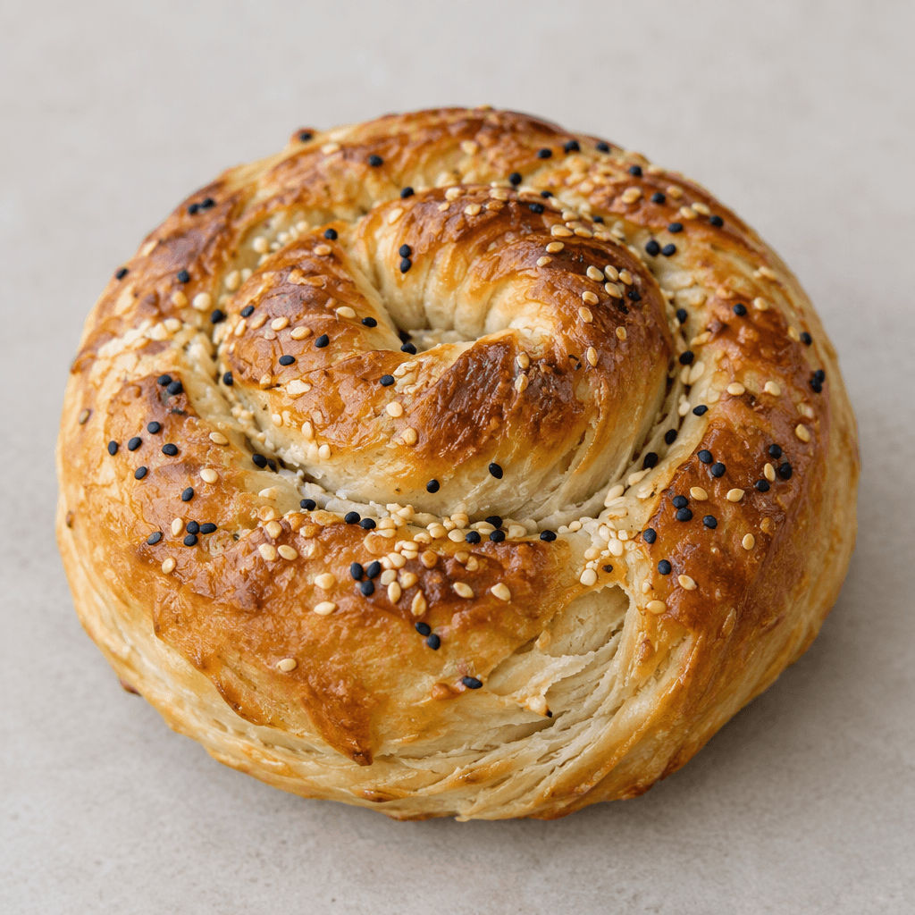 A round, softly puffed pastry roll with a golden-brown, slightly glossy crust, a twisted or coiled shape, and pale layered dough visible where it is torn open, sometimes sprinkled with sesame or black cumin seeds.