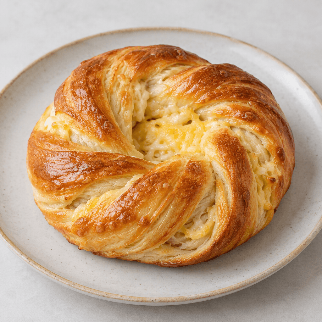 A round, softly twisted golden-brown pastry with a slightly glossy surface, visible layers of pale dough, and pale straw-yellow cheese peeking through the open center and seams, served on a plate.