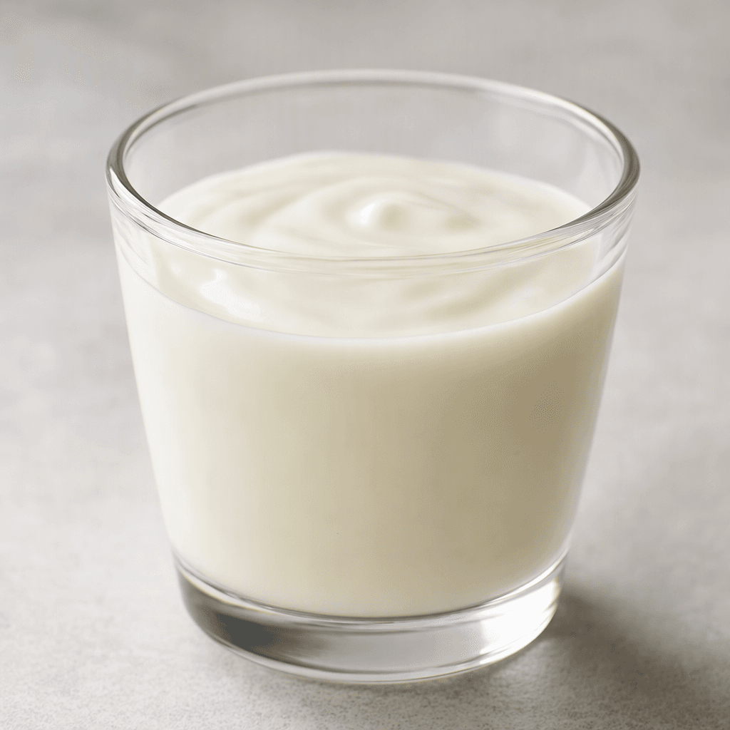 A small serving of opaque, creamy-white yogurt drink with a smooth, pourable texture sits in a clear glass.