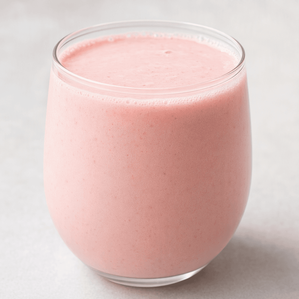 A smooth, creamy pale-pink strawberry dairy drink with an even, slightly thick consistency and no visible pieces.