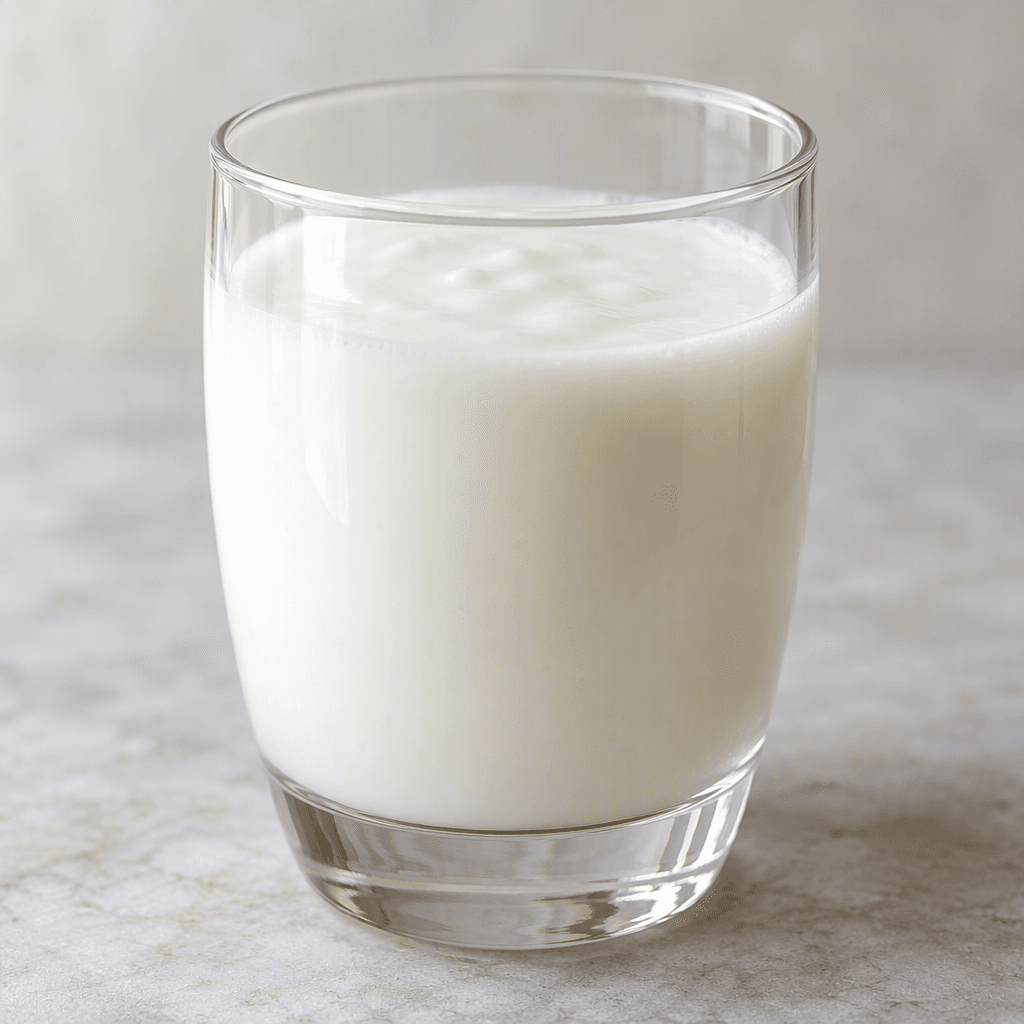 A small serving of smooth, opaque white cultured dairy drink, poured into a clear glass.