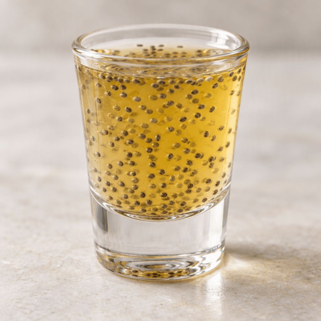 Küçük bir shot bardağında, içine minik koyu renkli chia tohumları dağılmış, açık altın sarısı ve yarı saydam bir içecek bulunuyor.