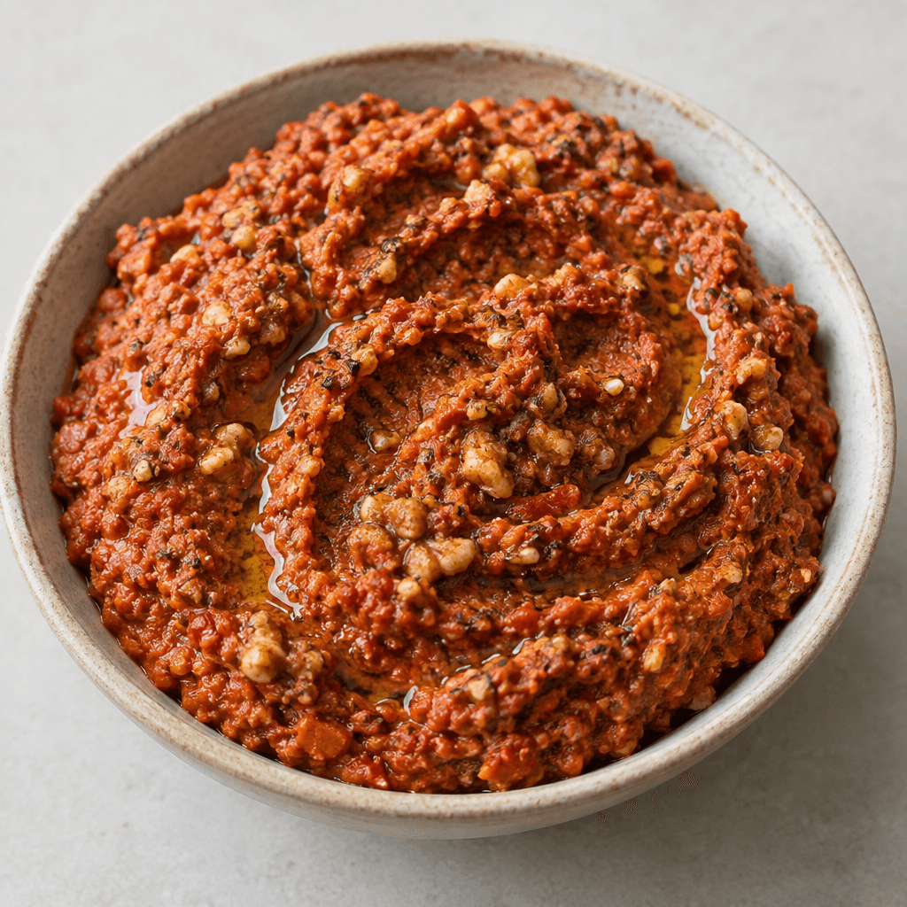 A thick, rustic red-brown spread made from red pepper and tomato paste with visible walnut pieces and dark spice flecks, mounded in a shallow bowl and lightly streaked with oil.
