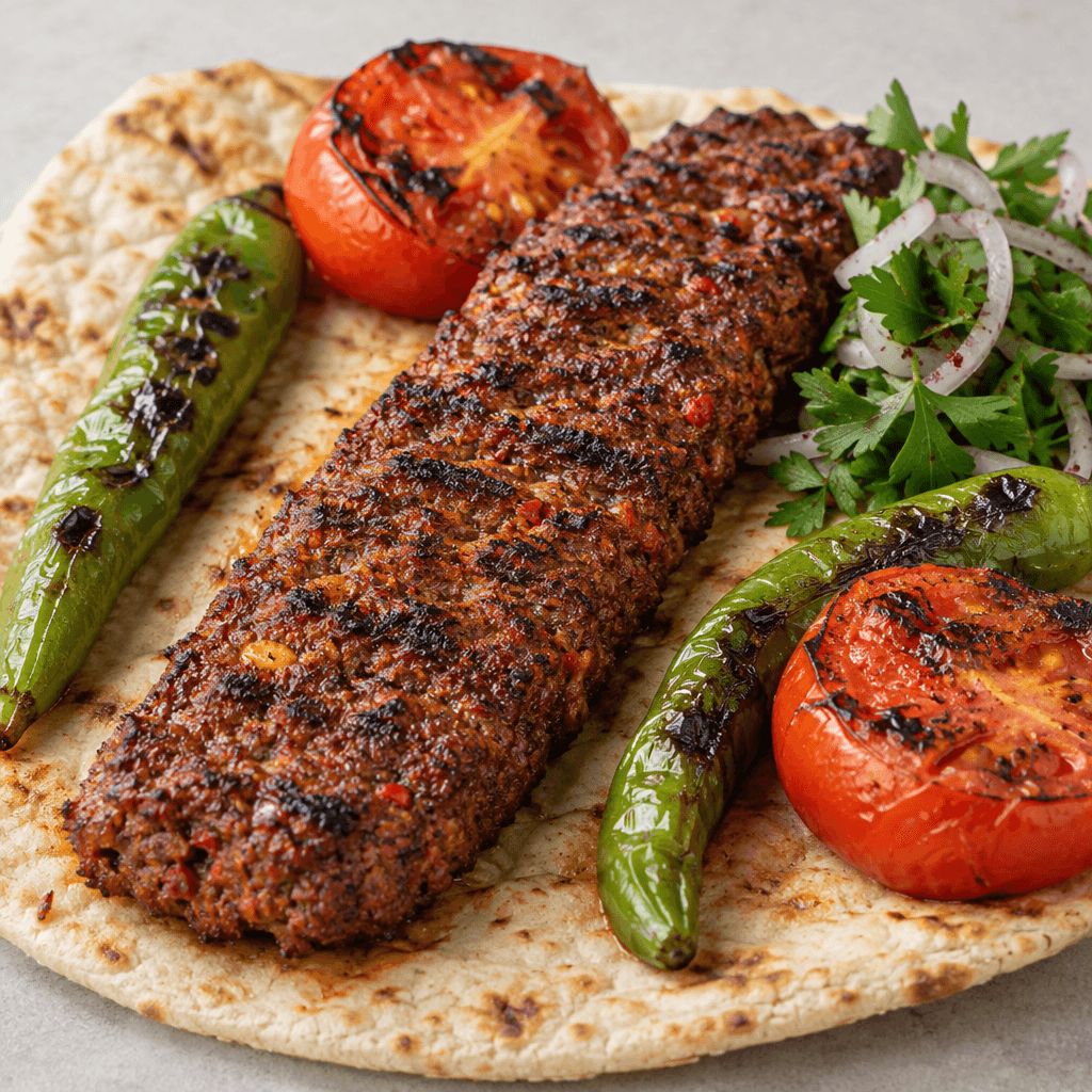 A long, thick, slightly flattened skewer of coarsely minced meat, deep reddish-brown with dark charred ridges and flecks of red pepper, served on flatbread with grilled green peppers, tomato halves, and a small pile of chopped parsley and onion.