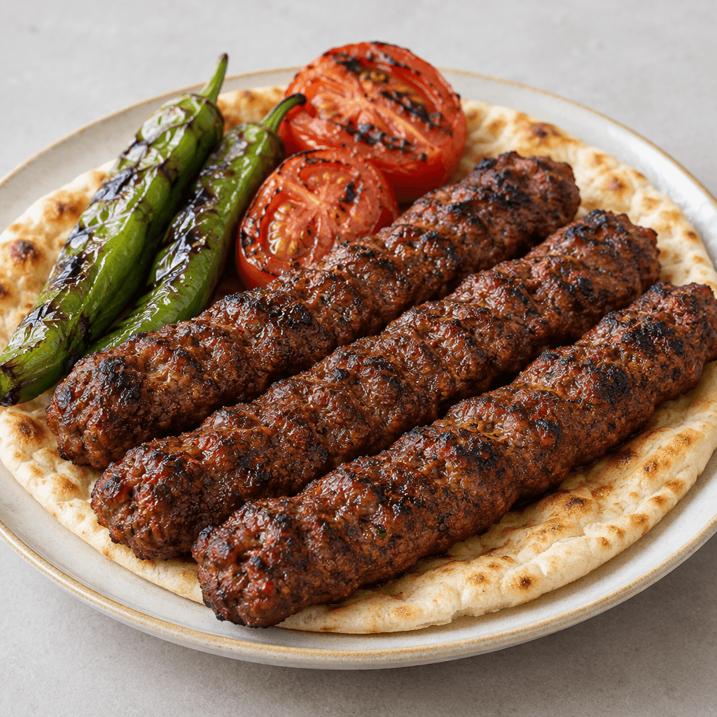 Long, hand-formed ridged logs of finely minced meat, deep reddish-brown with dark charred edges, served on a plate with grilled green peppers, tomato halves, and flatbread.
