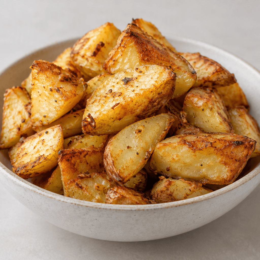 Irregular bite-sized potato wedges with crisp, deeply golden-brown edges and pale yellow interiors are piled in a shallow serving bowl, with a few browned flakes scattered across their rough surfaces.