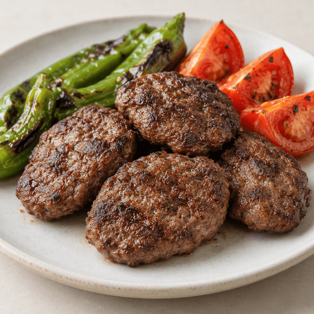 Several small, oval, slightly flattened beef patties with a dark brown, lightly charred surface and coarse, juicy-looking texture are arranged on a plate with grilled green peppers and tomato wedges.