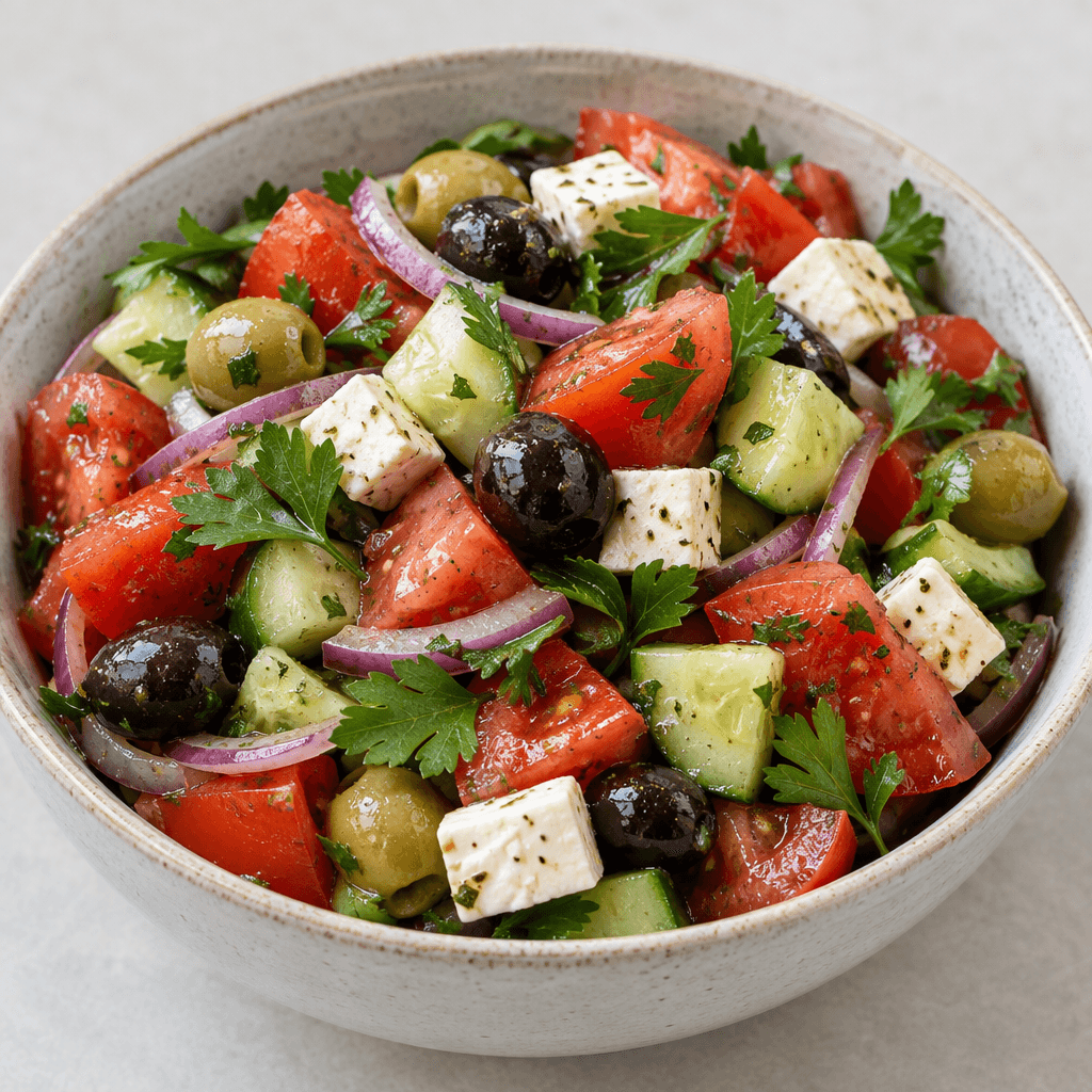A shallow bowl holds chunky red tomato and pale-green cucumber pieces with thin purple-red onion slices, green and black olives, bright green parsley leaves, and small cubes of pale white cheese, lightly glistening and arranged in a colourful mixture.