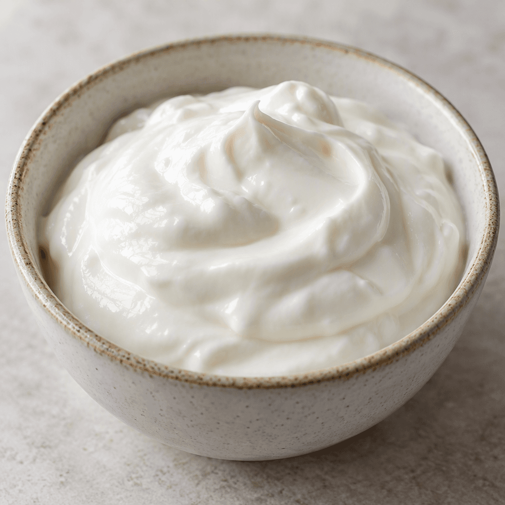 A mound of thick, smooth white cultured dairy sits in a small bowl, with a glossy surface and softly rounded edges.