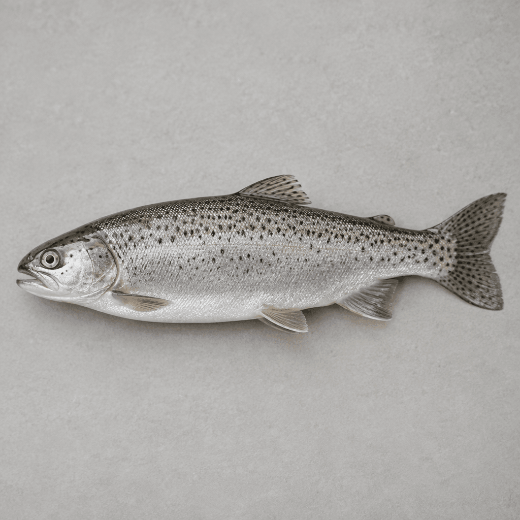 A whole trout with a streamlined, silvery body, dark speckles along its back and sides, translucent fins, a pointed head, and a forked tail, resting on a plain surface.