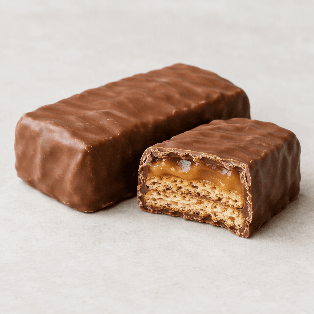 A rectangular bar coated in smooth milk chocolate, with visible layers of crisp biscuit and soft caramel beneath the coating, served whole with one piece cut open to show the cross-section.