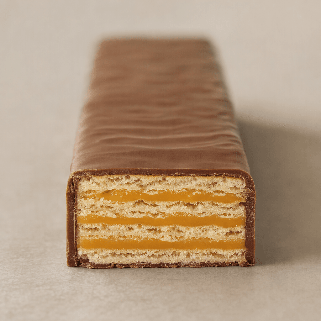 A rectangular bar with crisp, pale wafer layers and golden caramel visible at a cut end, enclosed in a smooth brown chocolate coating.