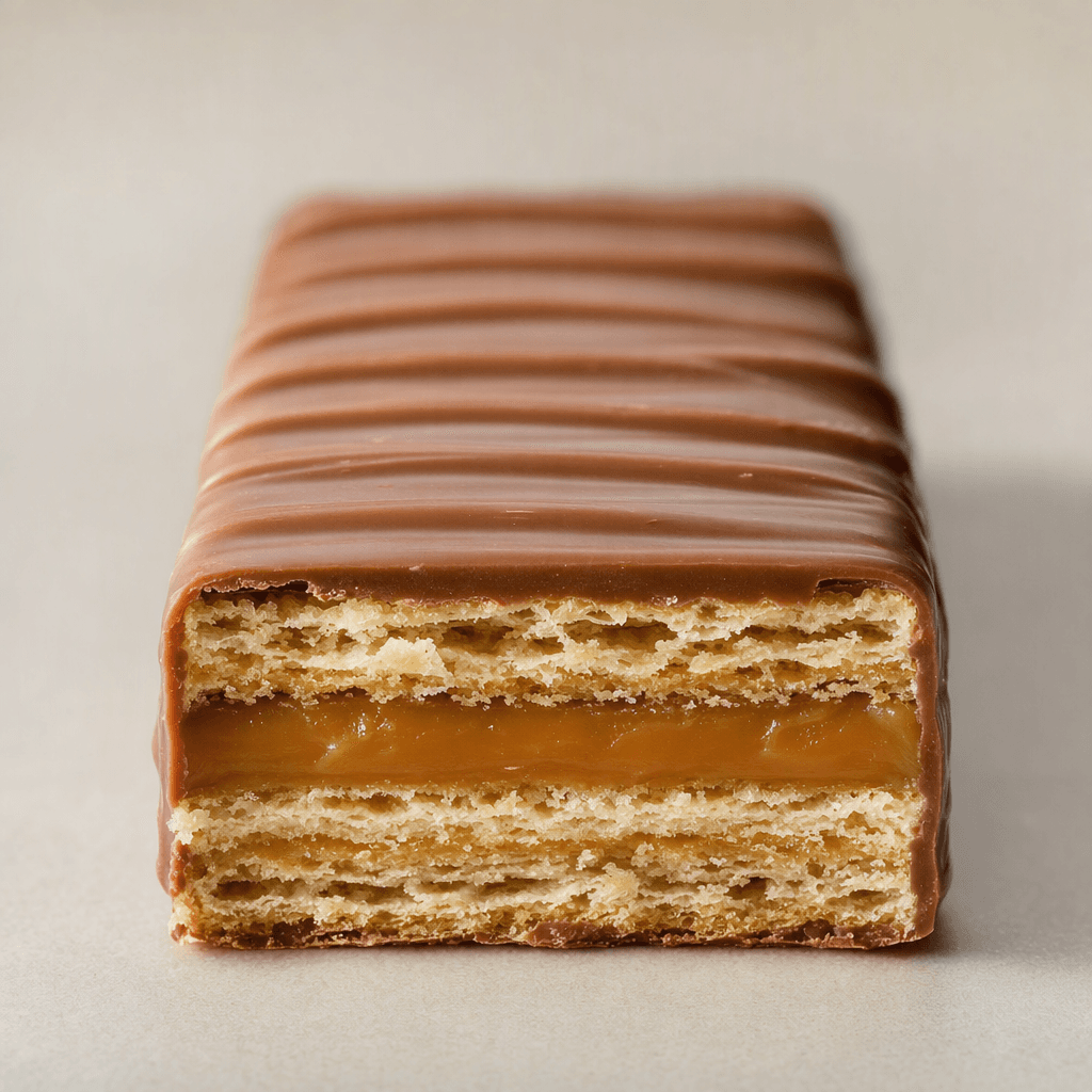 A long rectangular bar with crisp, layered wafer visible at the edges, a thick caramel layer, and a smooth milk-chocolate coating marked with shallow lengthwise ridges.