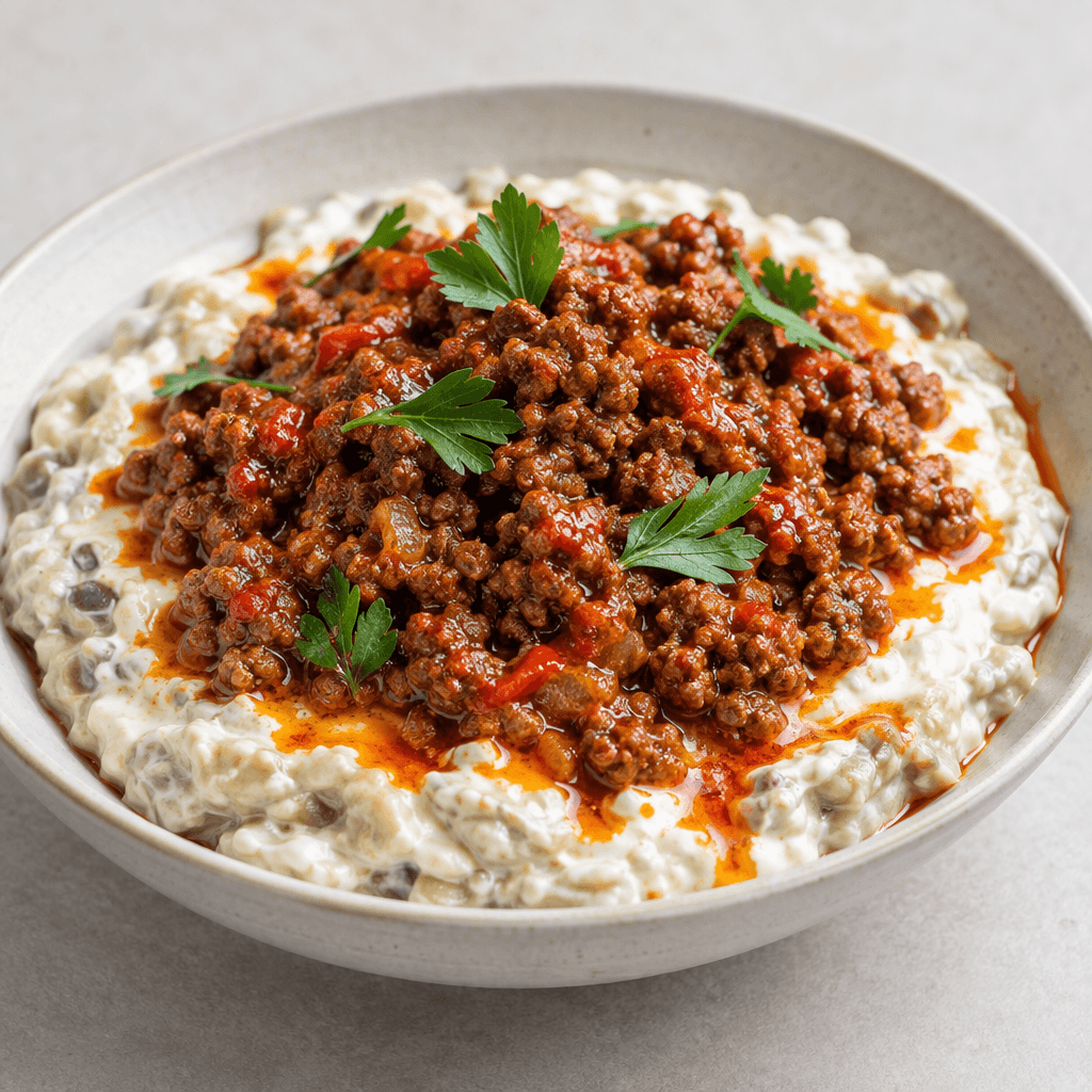 A shallow serving dish holds a bed of pale cream, softly lumpy roasted eggplant blended with white yogurt, topped with a mound of browned minced meat, glossy red pepper butter and a few green parsley leaves.