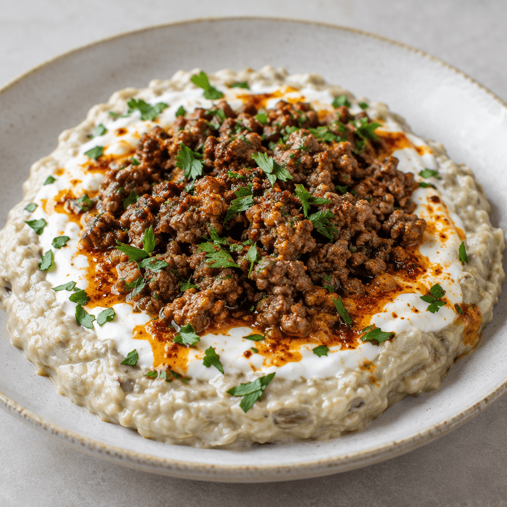 A shallow serving of smoky-looking pale beige eggplant purée mixed with thick white yogurt, topped with browned minced meat, a drizzle of red pepper butter, and a little green parsley, arranged on a plate.