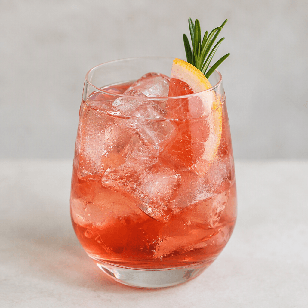 A mixed drink in a clear stemmed or tumbler glass, with a translucent amber, pink, red, yellow, or green liquid, visible ice cubes, and a small fruit slice, peel, or herb garnish near the rim.