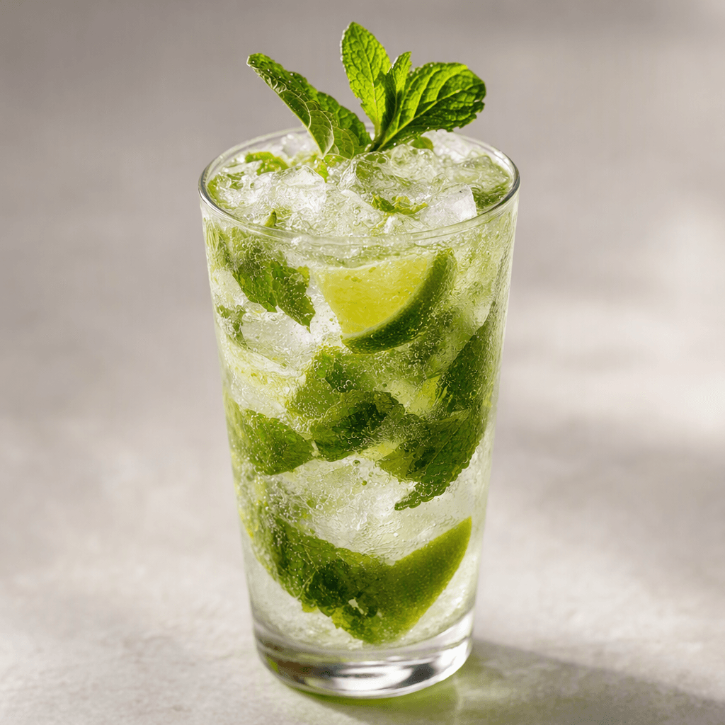 A pale green, clear fizzy drink fills a tall glass packed with ice, with bright lime wedges and fresh mint leaves visible among the cubes and a sprig of mint near the rim.
