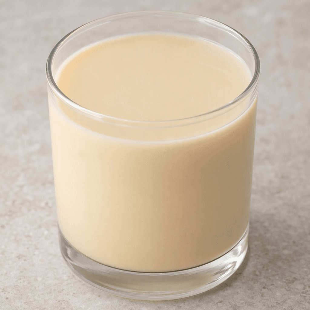 A smooth, opaque, pale creamy-beige liquid fills a clear drinking glass, with an even surface and no visible pieces or foam.