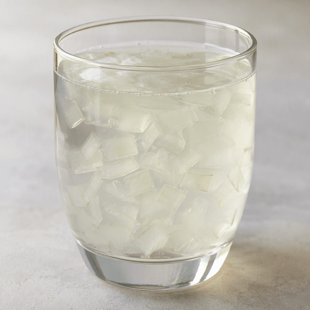 A pale, nearly clear drink with small translucent aloe pieces suspended throughout, served in a clear glass.