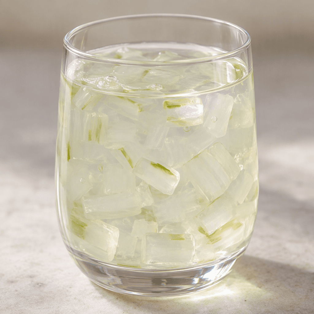 Bardakta sunulan, içinde küçük ve yarı saydam aloe vera parçaları görünen, açık renkli berrak bir içecek.