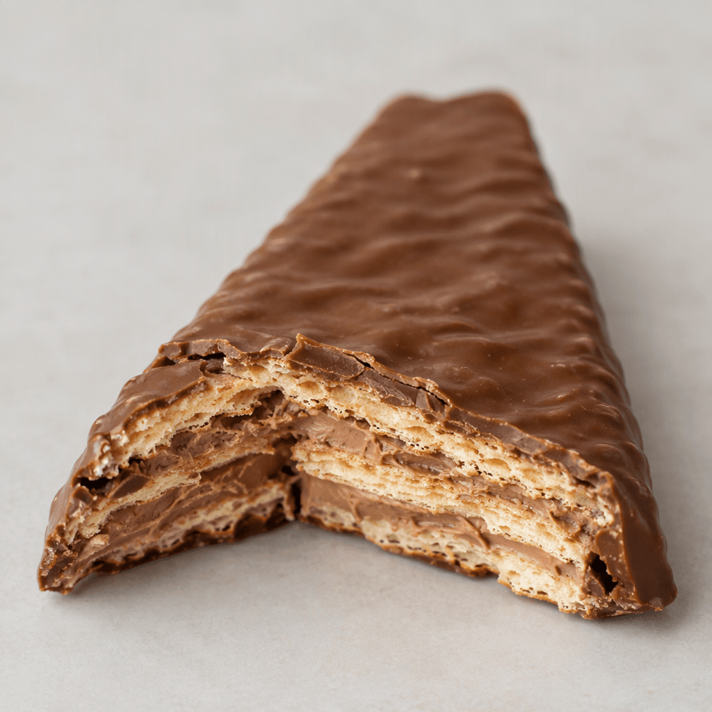 A slim, triangular chocolate-coated wafer bar, with crisp pale-golden wafer layers and light-brown hazelnut cream visible where it is broken.