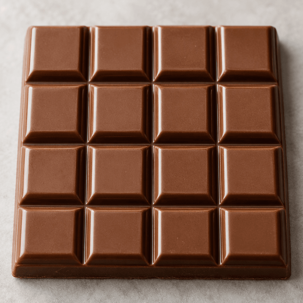 A smooth, medium-brown chocolate bar divided into neat rectangular pieces, with a soft sheen and clean edges.