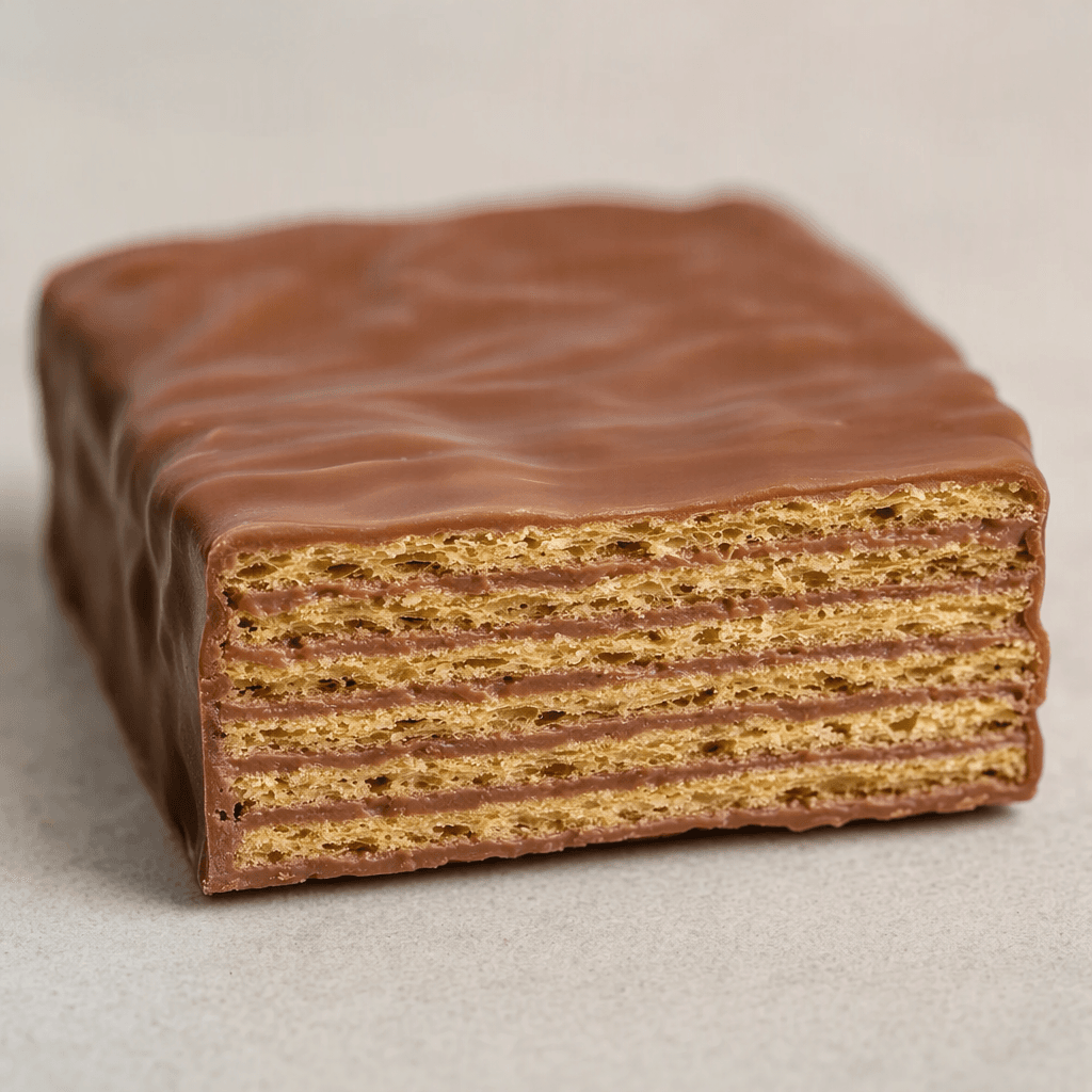 A rectangular wafer bar with thin, crisp golden layers and cocoa-colored cream between them, partly covered in smooth brown chocolate.