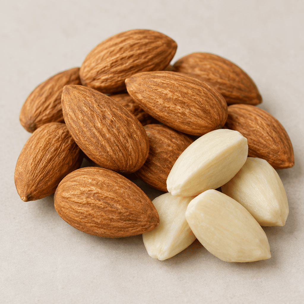 Whole almonds with warm tan-brown, slightly ridged skins and pointed oval shapes, arranged beside a few pale cream almond kernels with smooth surfaces and crisp angular edges.