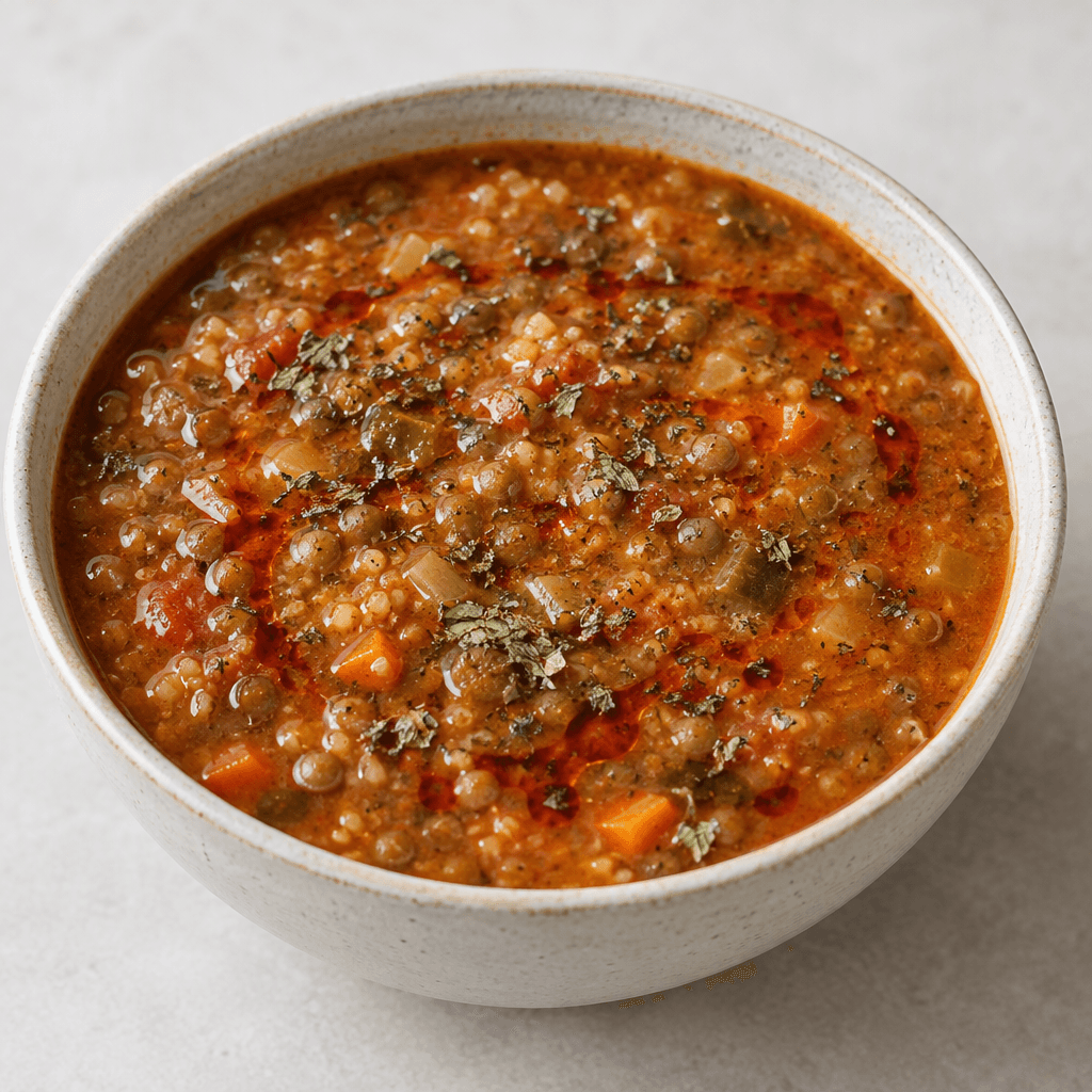 A bowl of thick, rustic reddish-brown soup with visible lentils, fine grains and small vegetable pieces suspended throughout, its surface lightly streaked with red pepper oil and scattered with dried mint.