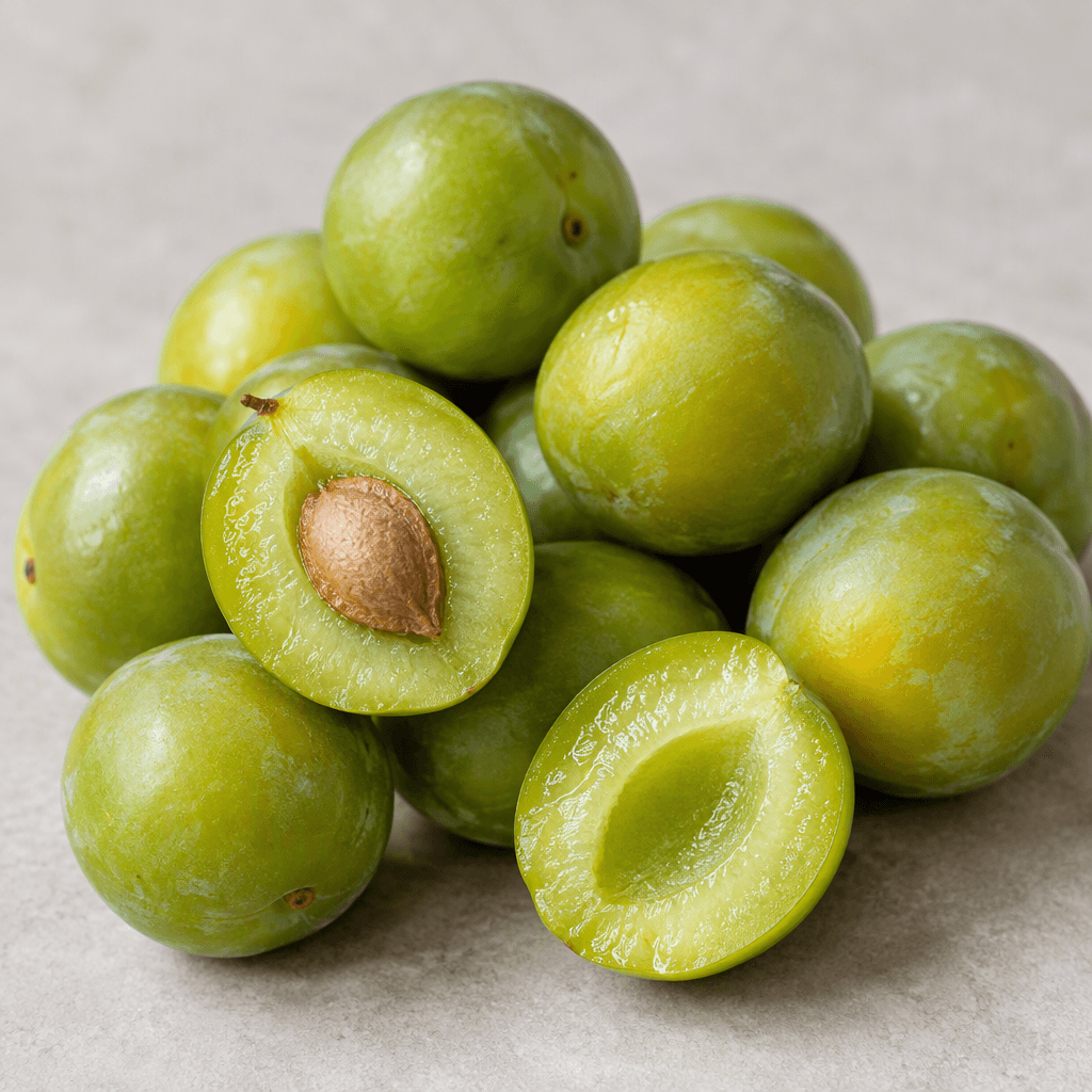 Small, round greengage plums with smooth, taut green skin, subtle yellow undertones, and a few cut open to reveal juicy pale green flesh surrounding a smooth, oval stone.