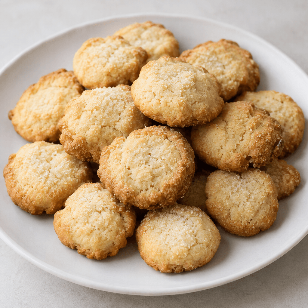A plate of small, homemade cookies in varied round and slightly irregular shapes, with golden-brown edges, pale centers, a crumbly matte surface, and a few visible sugar crystals.