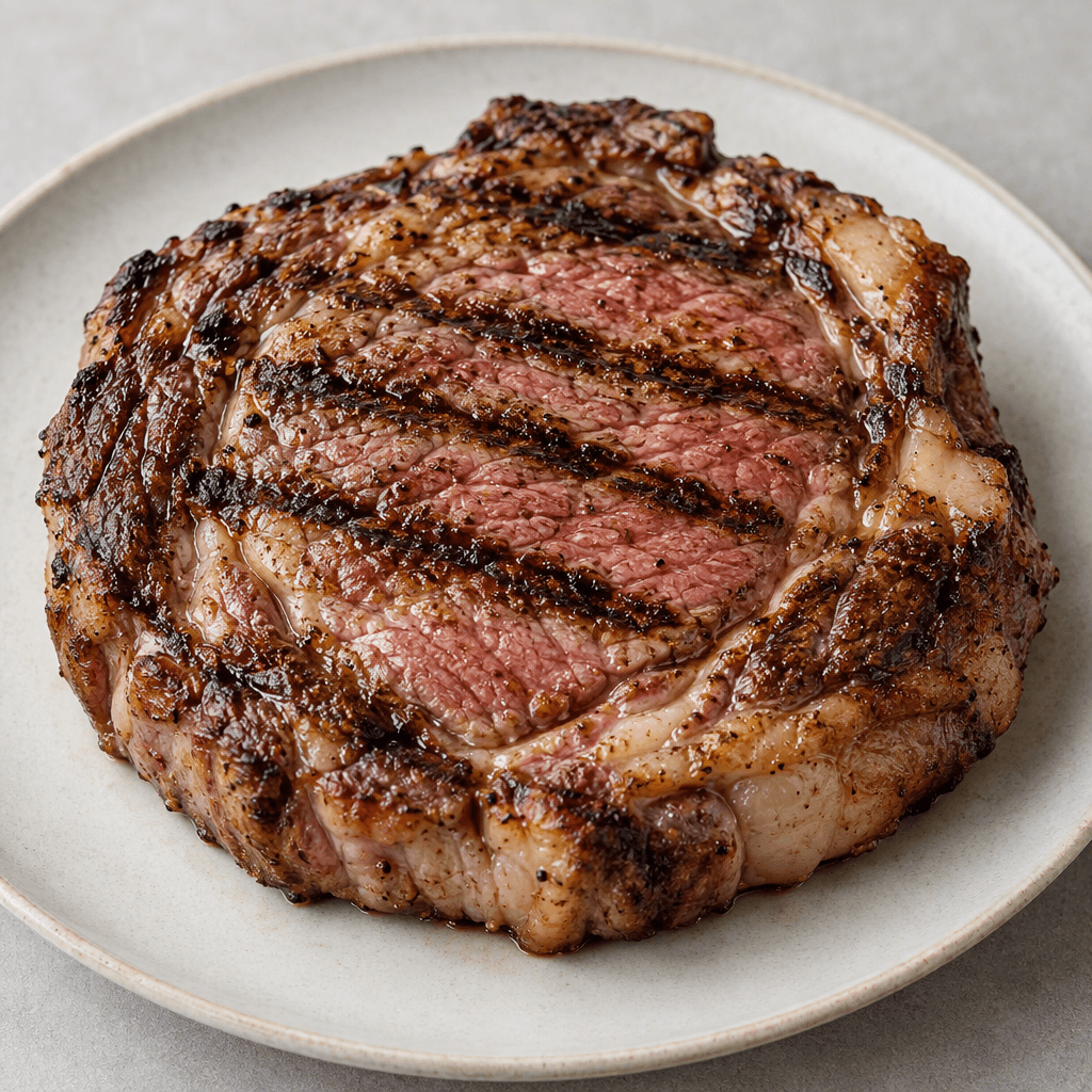 A thick, irregularly round ribeye steak sits on a plate with a deeply browned, slightly charred crust, distinct dark grill marks, a juicy-looking rosy-pink center, and visible creamy white fat marbling along the edges and through the meat.