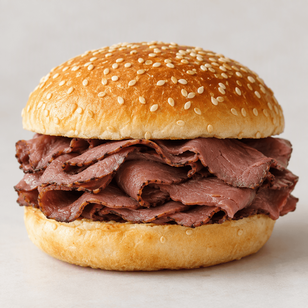 A soft, lightly toasted sesame-seed bun holds a generous layer of thin, folded reddish-brown roast beef, with a few slices peeking out around the edges.