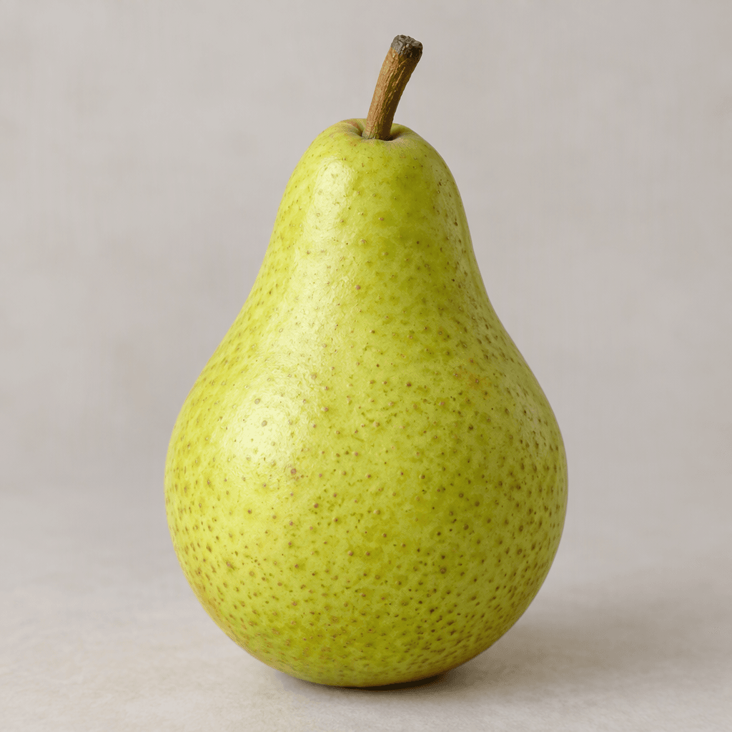 A whole pear with a rounded lower half tapering to a narrow, slightly dimpled neck, smooth pale green skin with tiny brown speckles, and a short brown stem at the top.