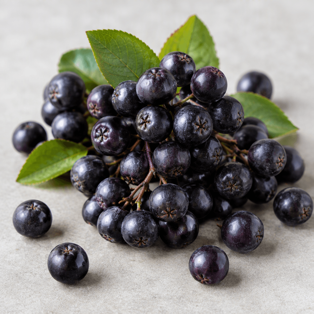 Small, round aronia berries with smooth, taut skins ranging from deep purple to nearly black, shown in compact clusters and scattered individually.