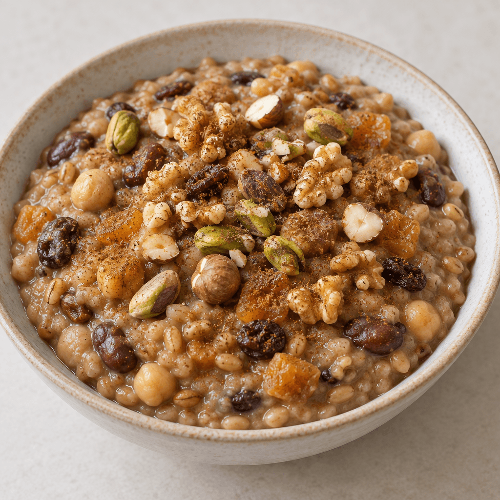 A thick, spoonable beige-brown pudding is served in a shallow bowl, visibly studded with wheat grains, chickpeas, beans, raisins and chopped dried fruit, and topped with scattered walnuts, hazelnuts, pistachios and a dusting of cinnamon.
