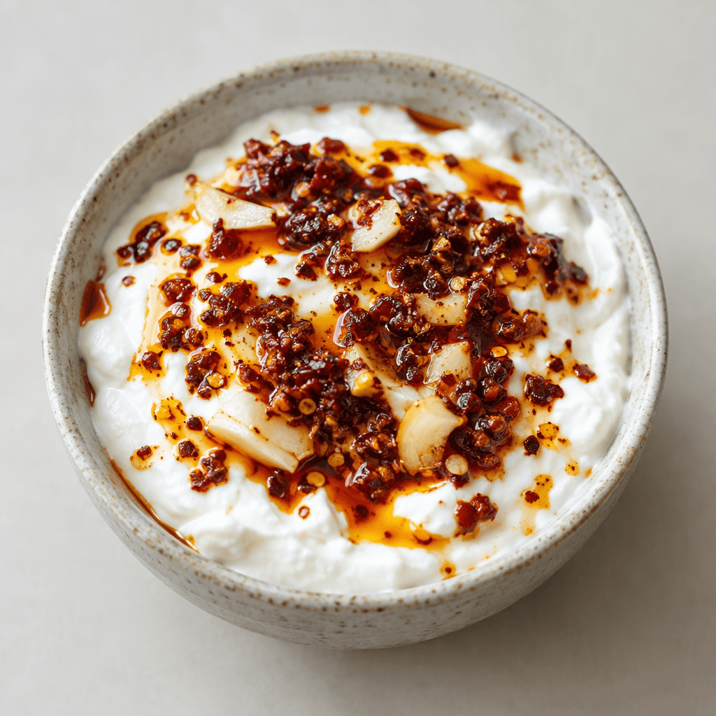 A small bowl of thick white strained yogurt topped with glossy red dried chili flakes and reddish oil, with a few pale garlic pieces visible on the surface.