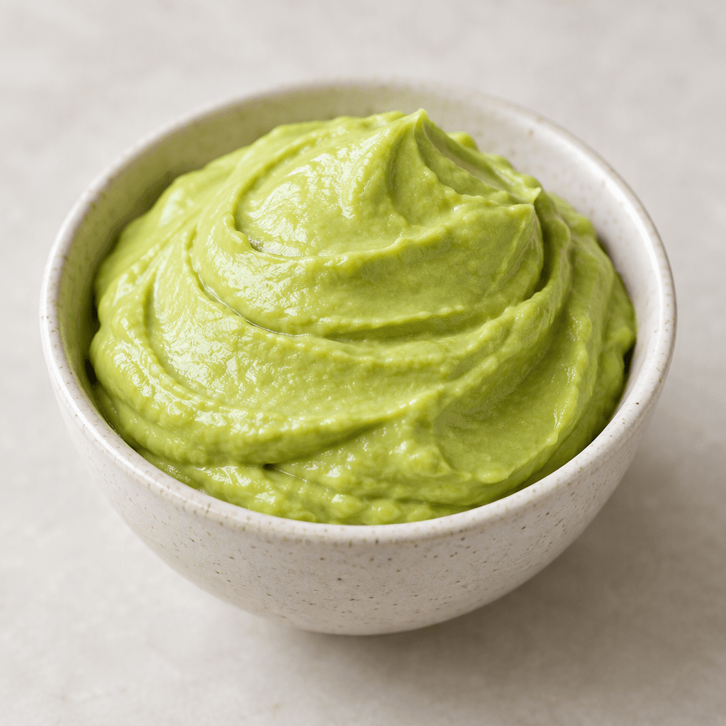 Thick, smooth avocado puree with a pale green colour and a soft glossy surface, served as a rounded mound in a small bowl.