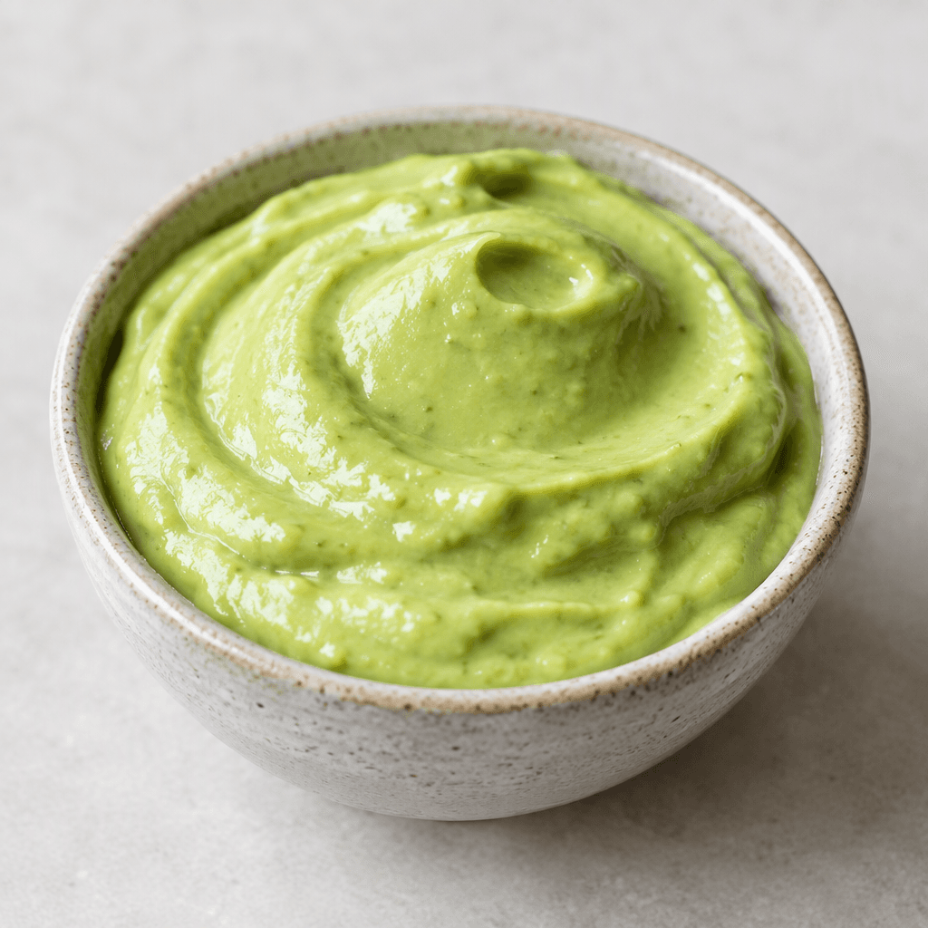 A thick, smooth, pale green avocado sauce sits in a small bowl, with a glossy surface and soft, spoonable texture.