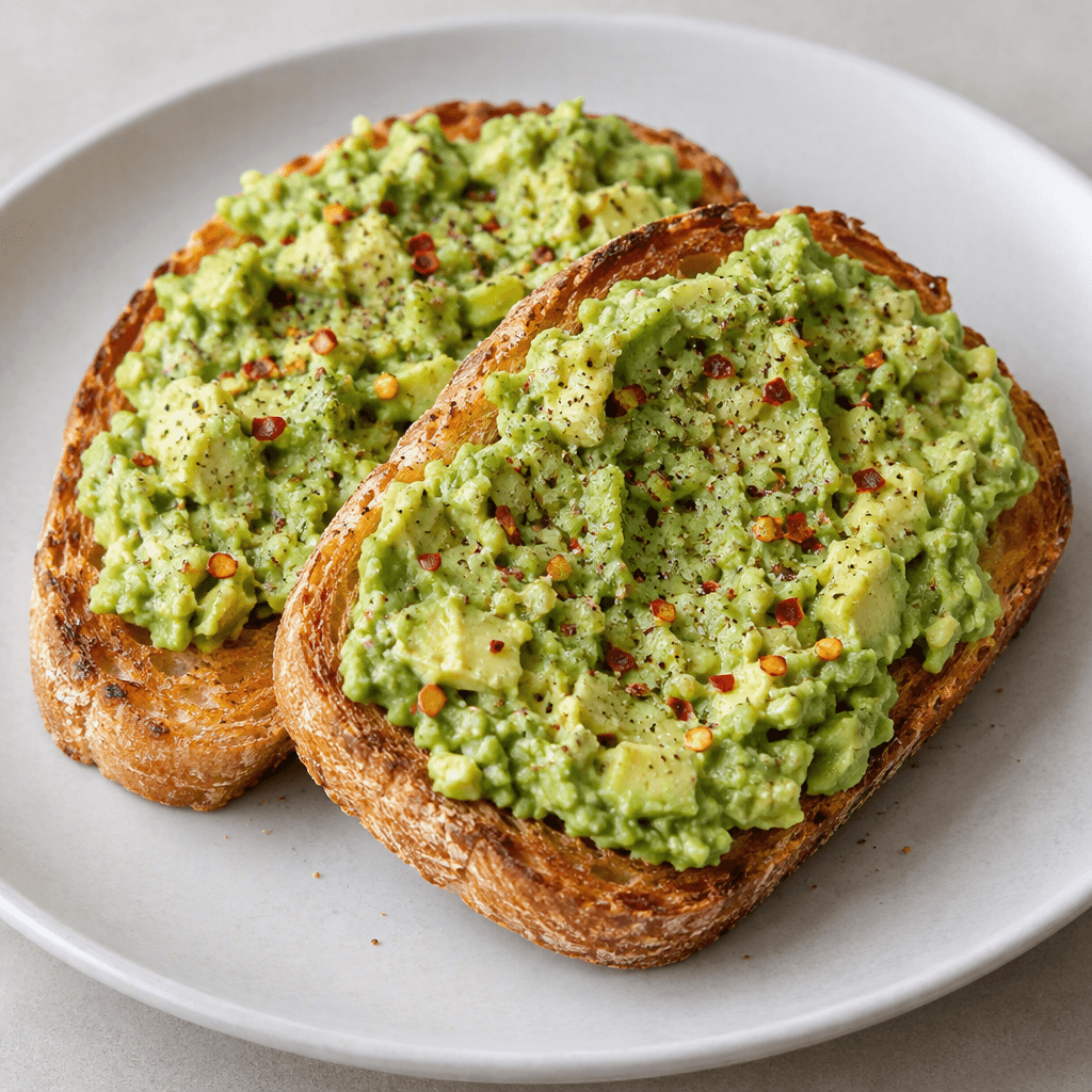Two slices of golden-brown toasted bread are topped with a thick, uneven layer of pale green mashed avocado, with a few small avocado pieces, specks of black pepper, and bright red chili flakes visible on the surface, served on a simple plate.
