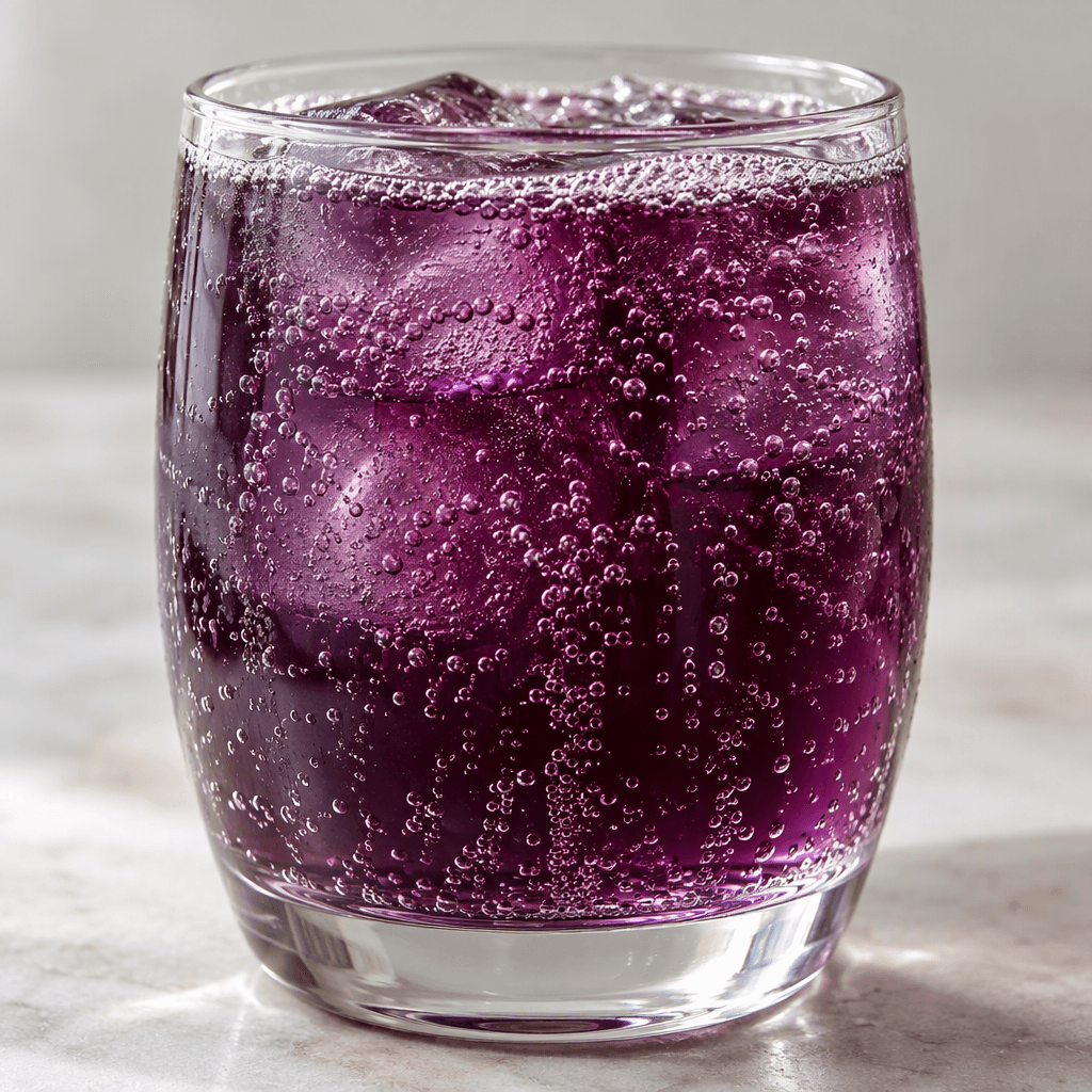 A translucent deep-purple grape soda sits in a clear glass, with fine bubbles rising through the drink and a light fizz at the surface.