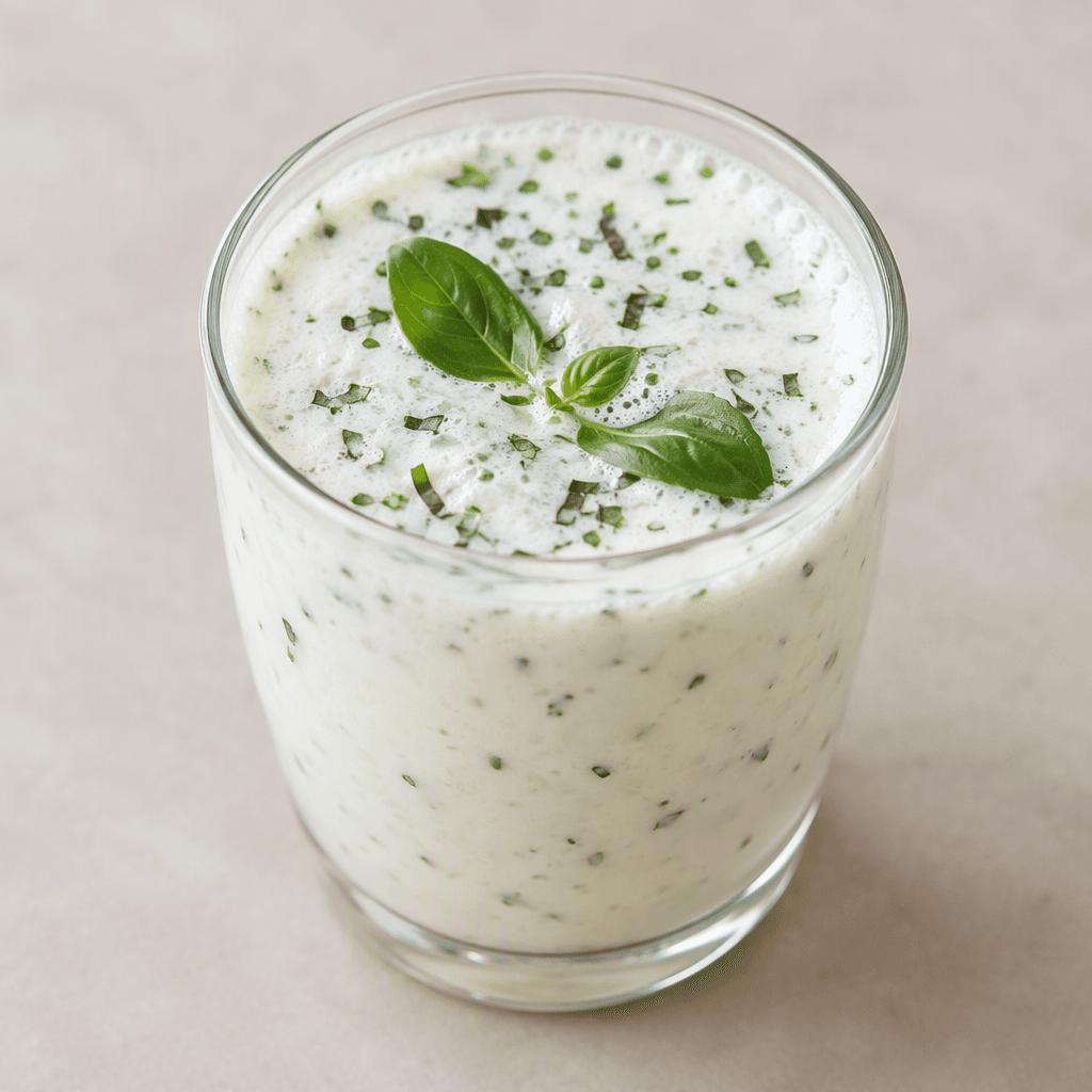 A pale white, slightly foamy yogurt drink served in a clear glass, with small green basil leaves and finely chopped basil flecks floating on the surface.