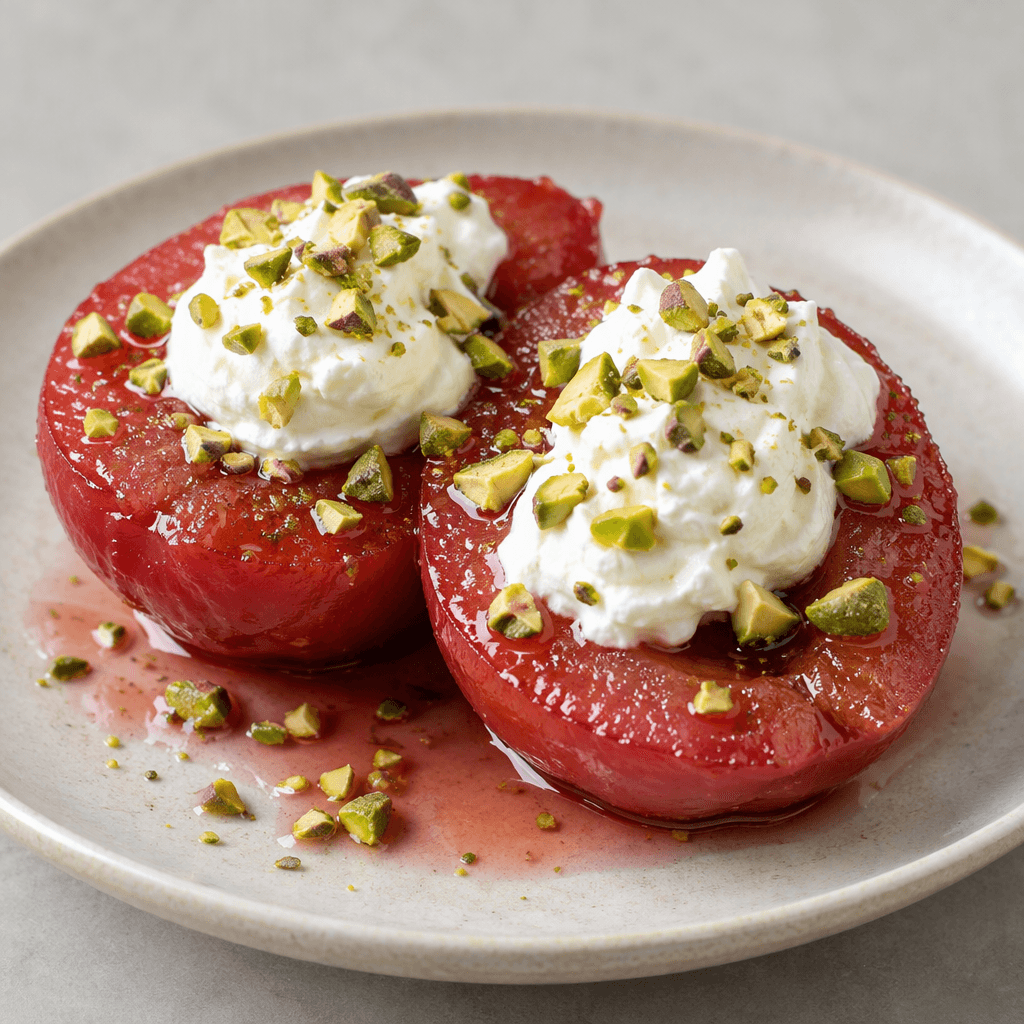 Ruby-red quince halves with a glossy syrup coating are served on a plate, topped with white clotted cream and scattered green pistachio pieces.
