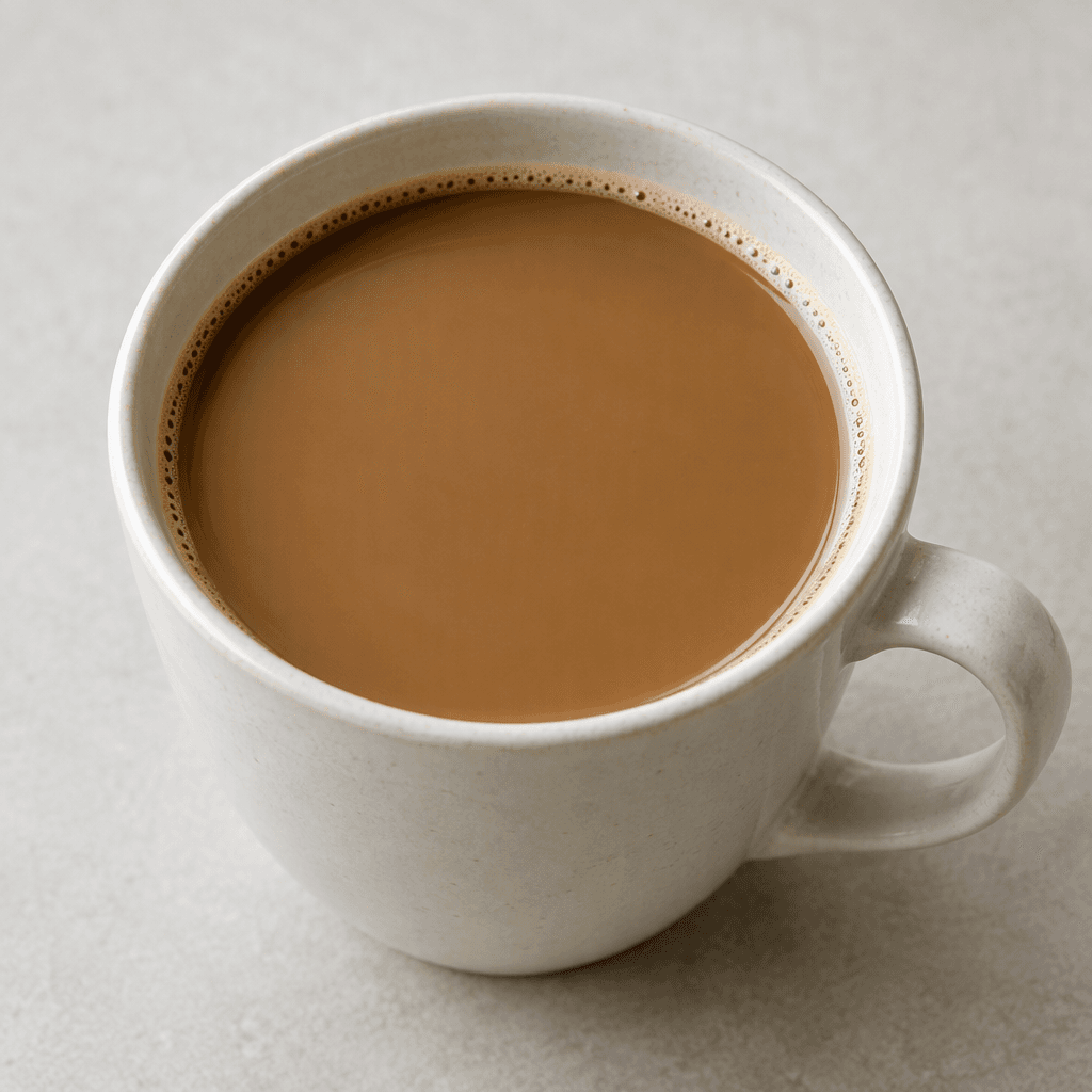 A cup of coffee mixed with a small amount of milk, appearing medium brown with a smooth, glossy surface and a thin pale-brown layer around the rim.